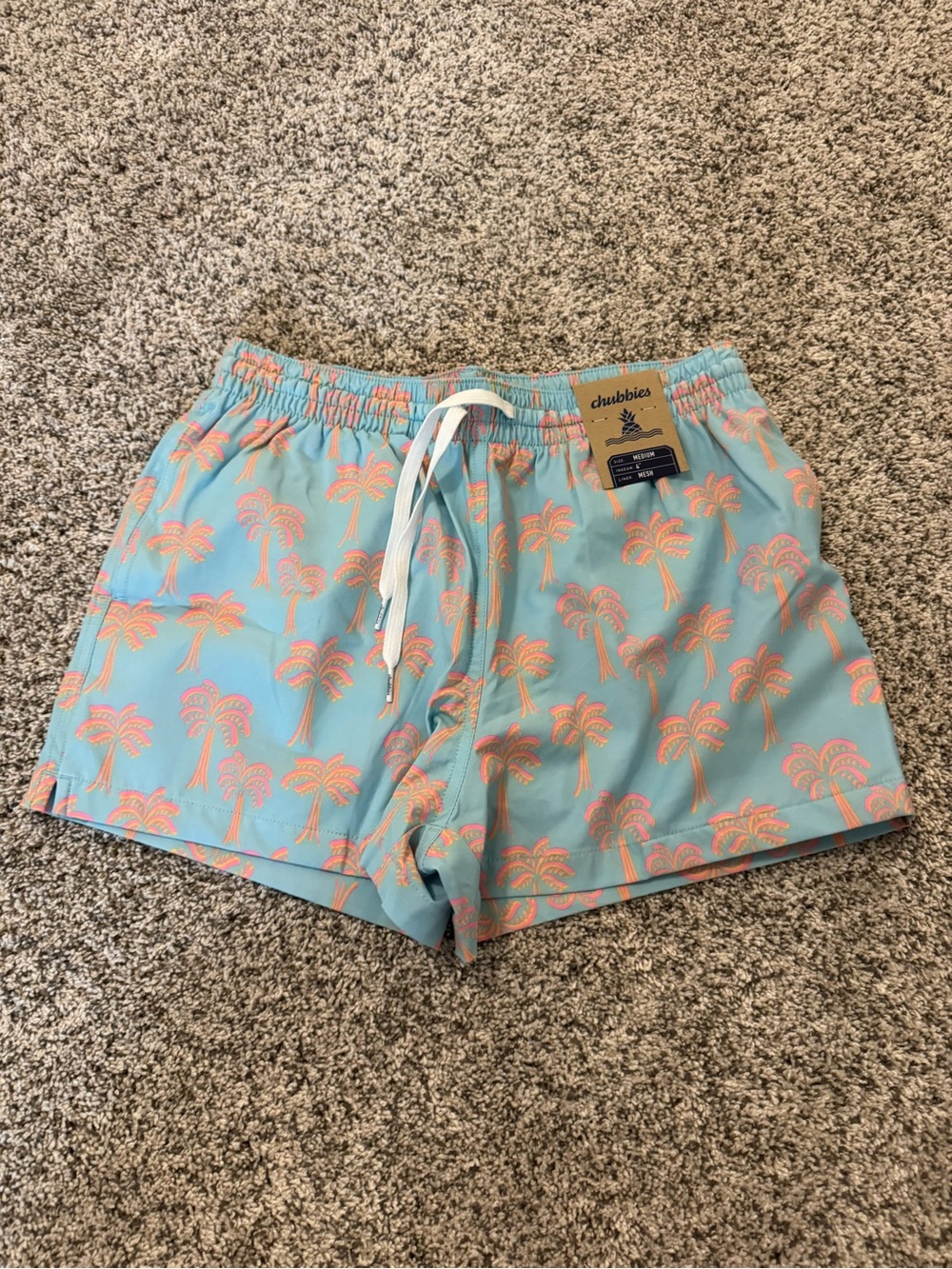 chubbies Light Blue Swim Trunks with Pink Palm Trees